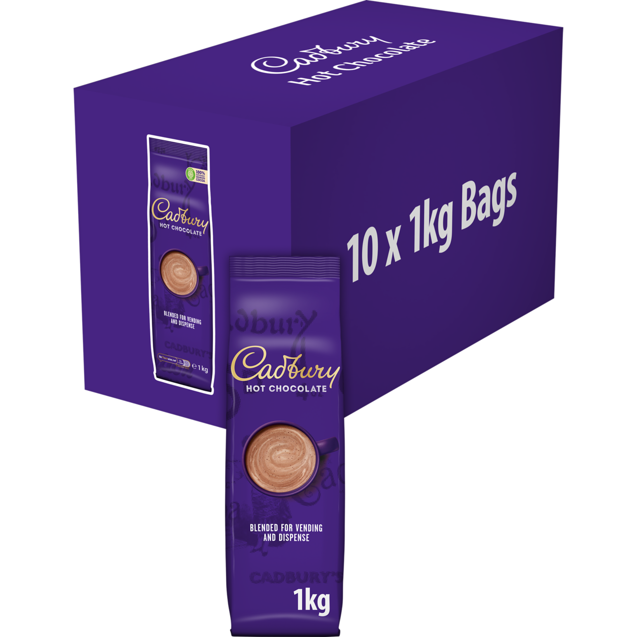 Cadbury hot chocolate packaging with purple box and bags on a white background