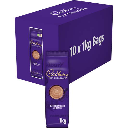 Cadbury hot chocolate packaging with purple box and bags on a white background