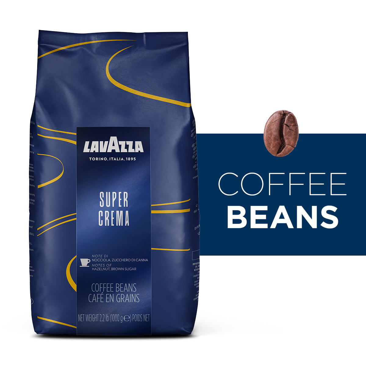Lavazza Super Crema coffee beans packaging with a coffee bean on a blue background