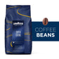 Lavazza Super Crema coffee beans packaging with a coffee bean on a blue background