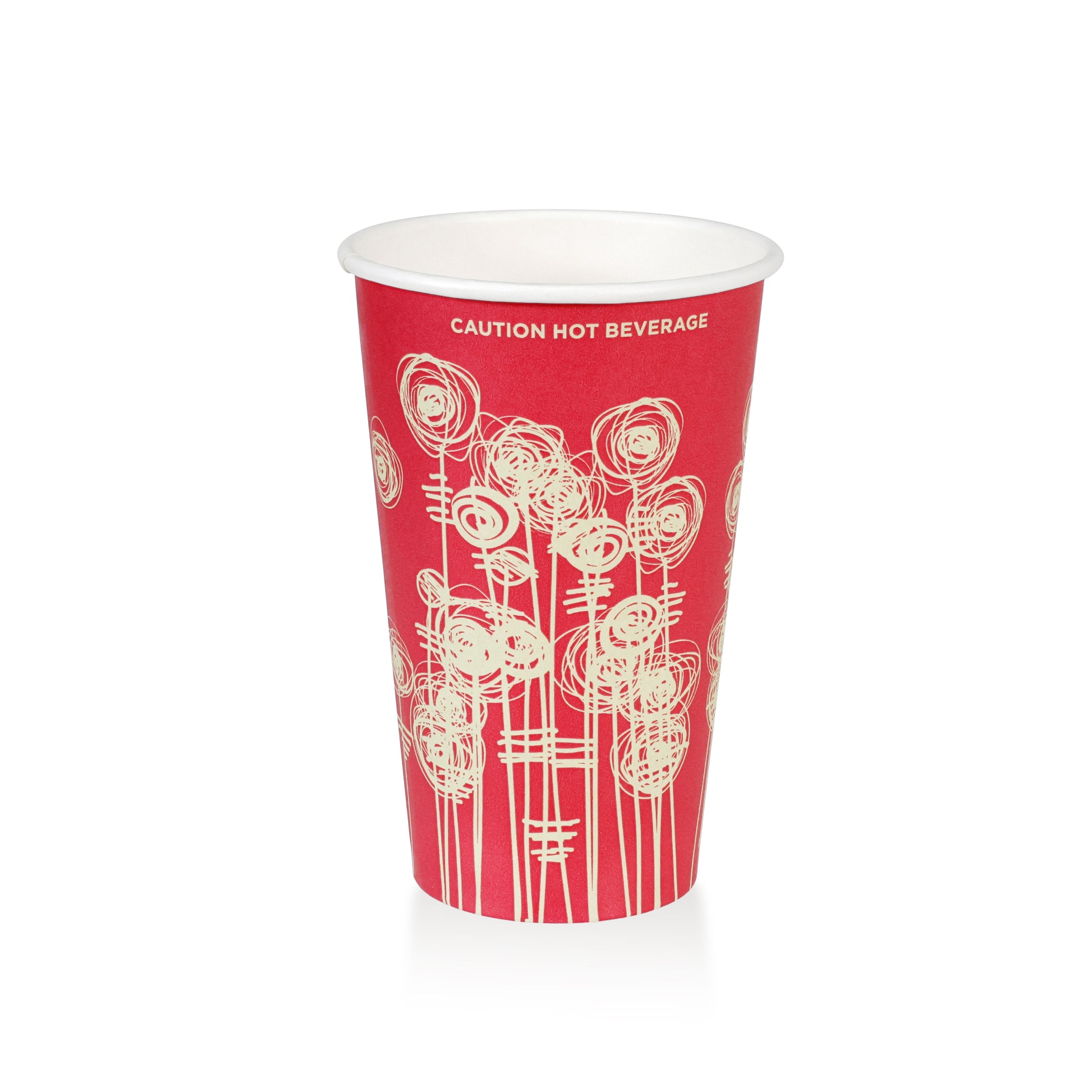 Red paper cup with white floral design and 'Caution Hot Beverage' text on a white background