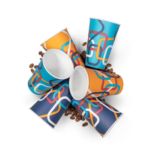 Colorful paper cups with geometric patterns on a white background