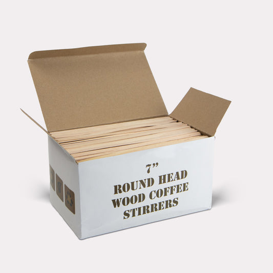 Box of 7” round head wood coffee stirrers on a white background
