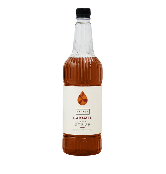 A bottle of caramel syrup in a white background
