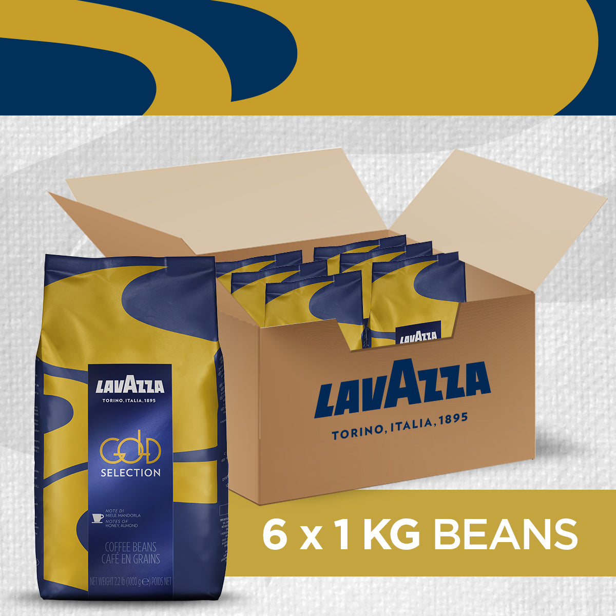 A bag and a box of Lavazza Gold selection coffee bags, in a white background
