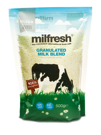 Bag of Milfresh silver granulated milk blend with a cow silhouette on a white background